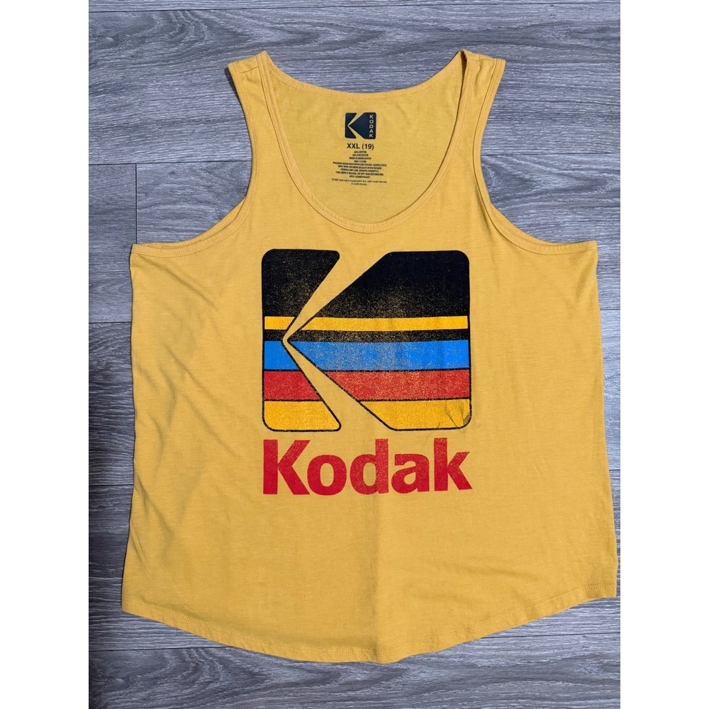 Kodak Mens Graphic Tank Top XXL Yellow Retro Camera Logo Sleeveless Shirt